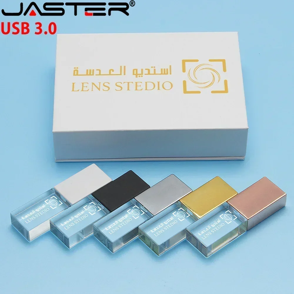 JASTERS usb 플래시 펜 드라이브 3.0 크리스탈 스틱 인쇄 사용자 정의 로고 4GB 8GB 16GGB 32GB 64GB 128GB 투명 유리 선물 pendrive