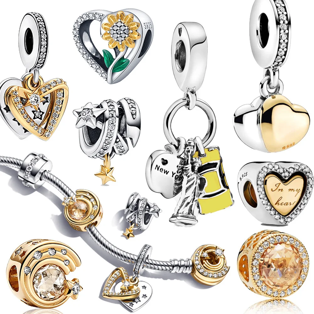 

2022 New 925 Sterling Silver Sparkling Star Moon Love Beads Charm Fit Original Bracelet Women Jewelry DIY