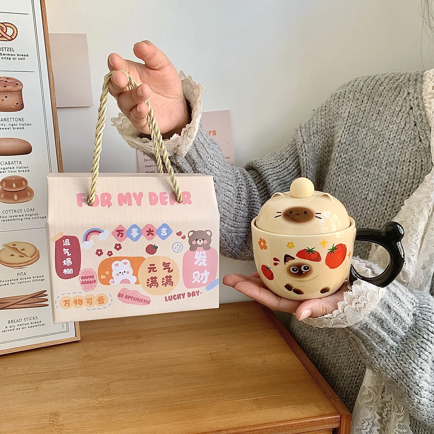 Cute Siamese  Cerc Mugs with Lid Spoon Office Coffee Breakfast Cup Birthday Gift for Women Home Use 380ml Capaci