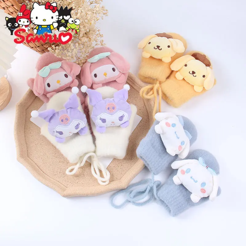 Sanrio Kuromi Melody Cartoon Doll Kid Gloves Cinnamoroll Pochacco Children's Pile Thick Halter Cute Knitted Gloves for Boys/Girl japanese order prize figure kuromi doll sanrio kuromi dark japanese little devil plush toy gift bunny plush hello kitty