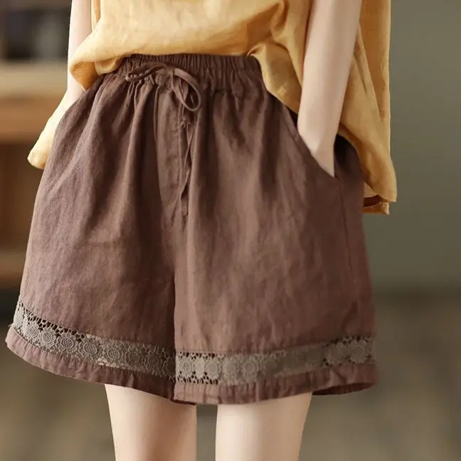 Casual Solid Linen Cotton Lace Floral Summer Short Pants Loose Elastic Waist Boho Beach Wear Shorts for Women Bottom