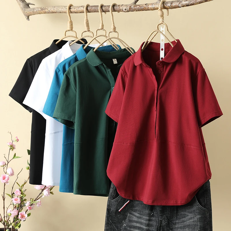 

Fine Chic Solid Short SleeveT Shirt Women 2023 Summer New Women's Simple Cotton POLO Neck T-Shirts Loose Lady Tees Tops
