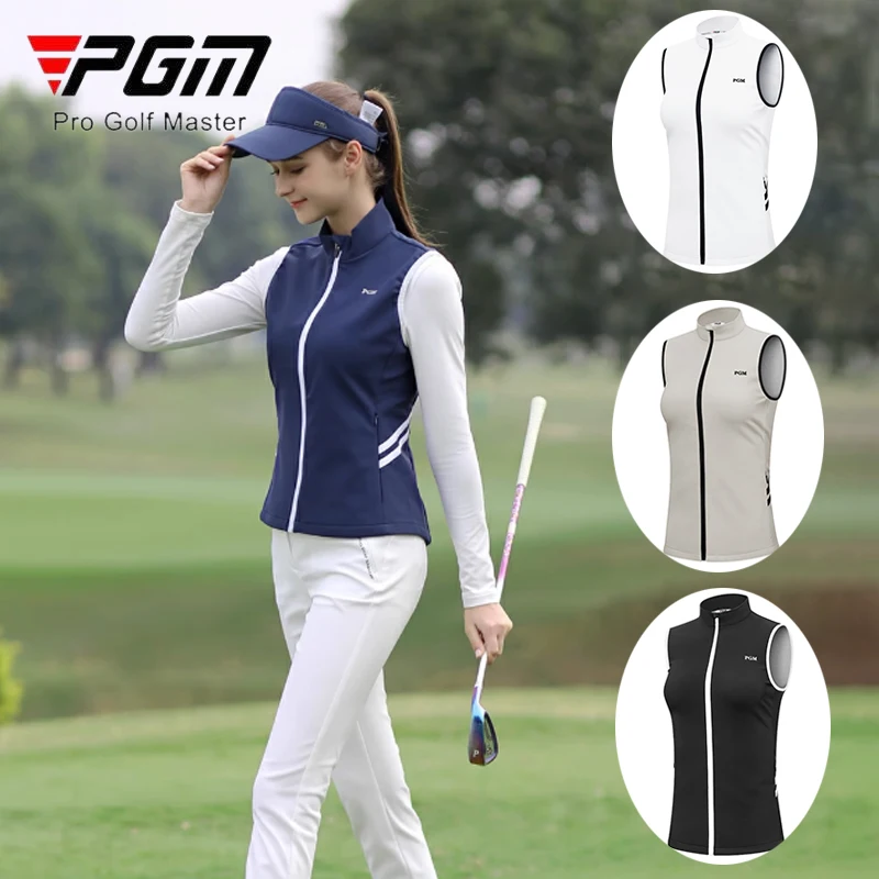 PGM Women Sleeveless Golf Jacket Ladies Windproof Slim Vest Autumn Women Full Zipper Waistcoat Side Pocket Stand Collar Vest