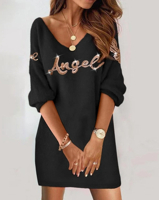 

Elegant Women's Straight Dress 2023 Autumn New Letter Sequin Angle Wings Pattern Casual Dress V-Neck Half Sleeve Dresses