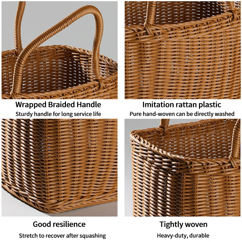 Outdoor Picnic Storage Basket With Handle Lightweight Rattan Storage Basket Camping Hand-woven Picking Baskets Laundry Basket