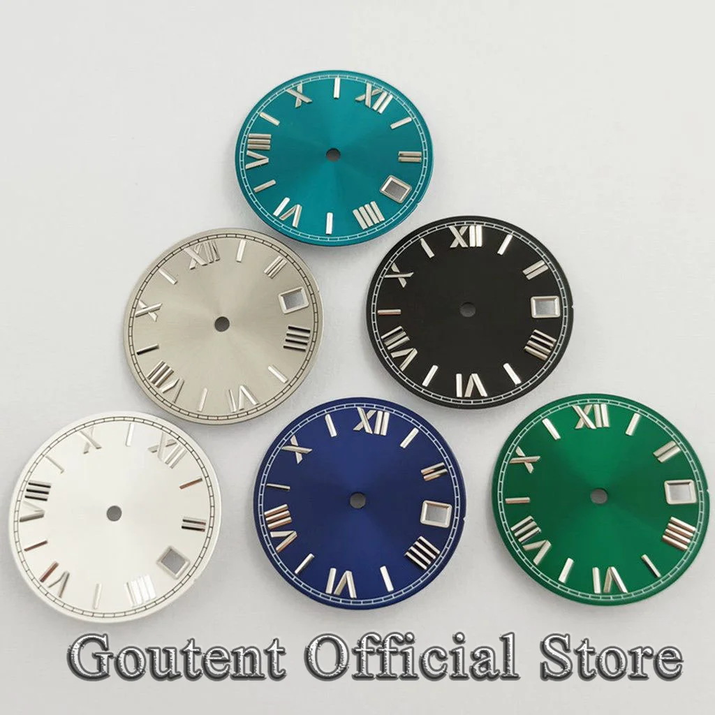 Watch Face Accessories Watch Dial Accessories Goutent 28.5mm Roman Numeral Black Blue Green Red Sterile Watch Dial Fit NH35 Movement Calendar Window