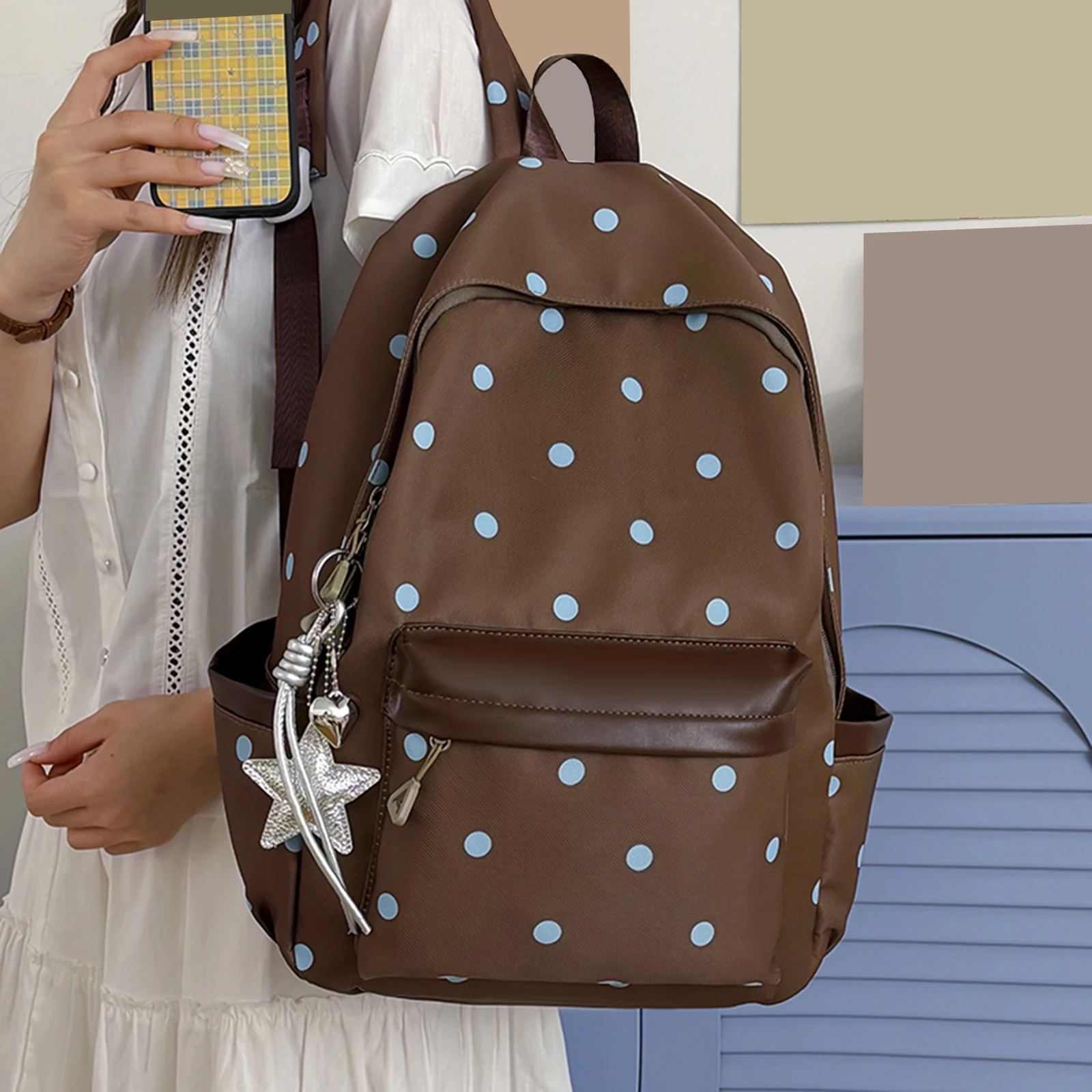 Polka Dot Aesthetic Preppy Backpack Kawaii Sweet Campus Bookbag Travel Casual Daypack for Elementary & Middle Girl Students 5