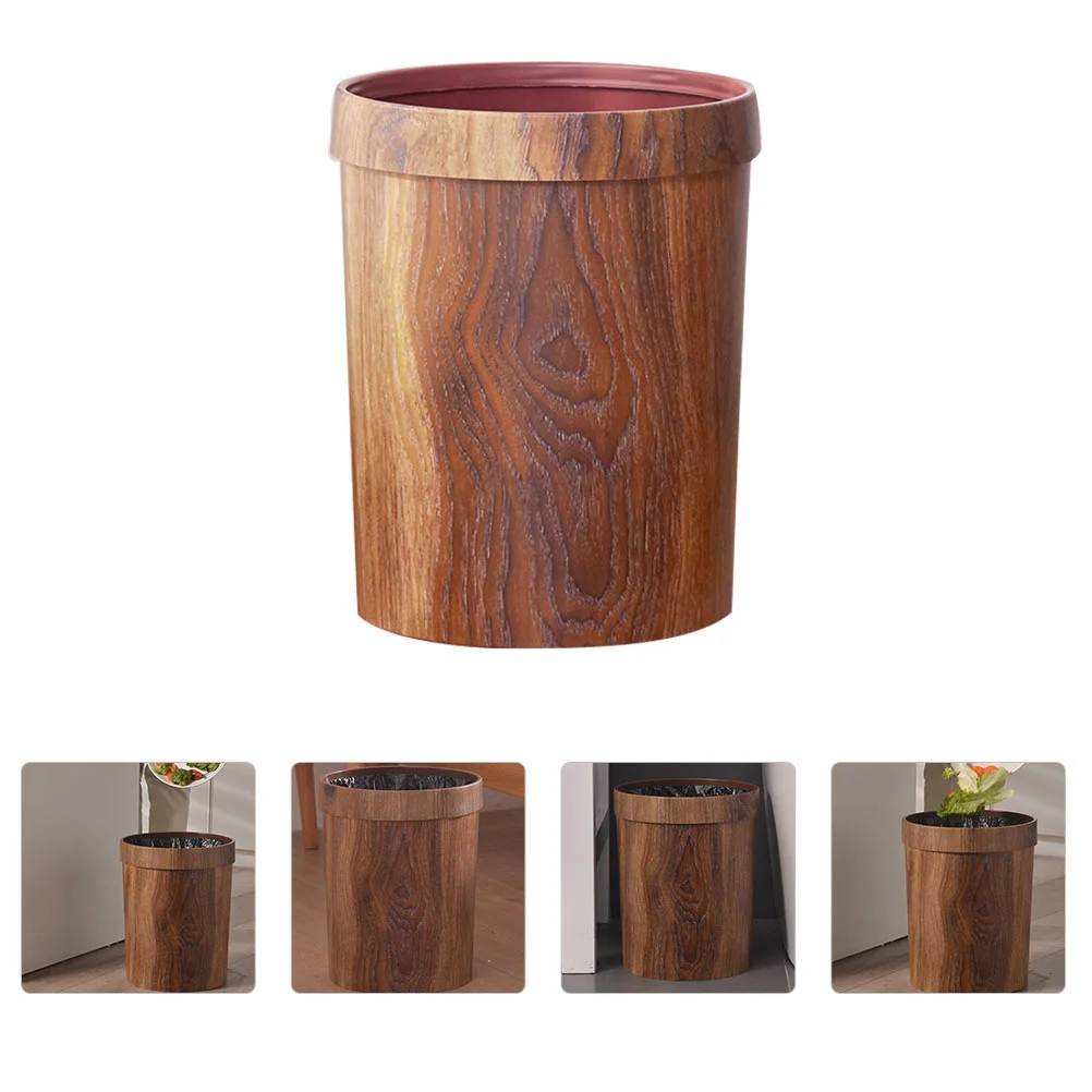 

Small Trash Can with Lid Wood Grain Car Waste Holder Plastic Container for Home Office