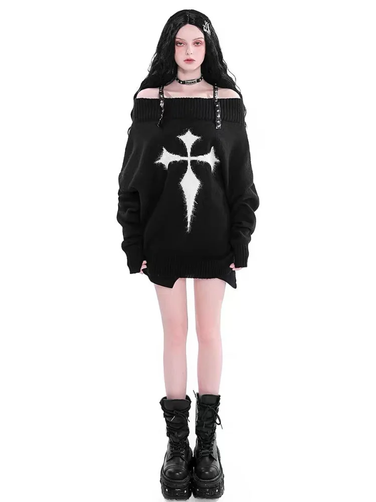 

Gothic Punk Sweater Women Pullovers Y2k Goth Dark Grunge Off Shoulder Knitted Tops 2023 Autumn Long Sleeve Pullover