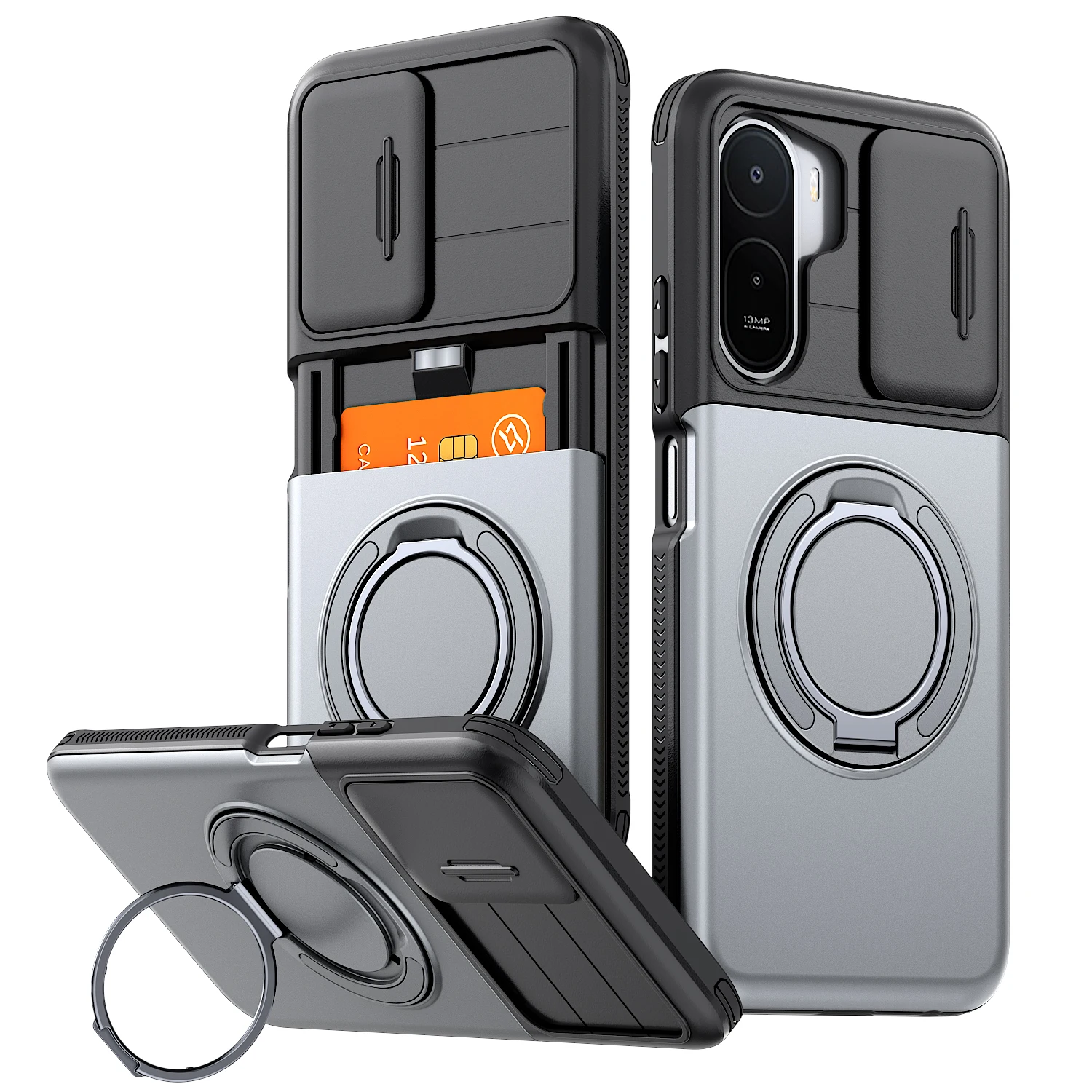 Magnetic Rotating Ring Bracket Case with Slide Camera Protection and Card Slot