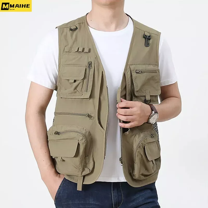 Veste sans manches pêche et randonnée été homme 14 poches mesh cargo tactique