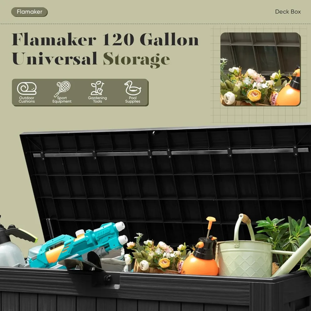 Resin Deck Box 120 Gallon Waterproof Large Deck Boxes Plus Outdoor Indoor Storage Box Imitation Wood Resin 5