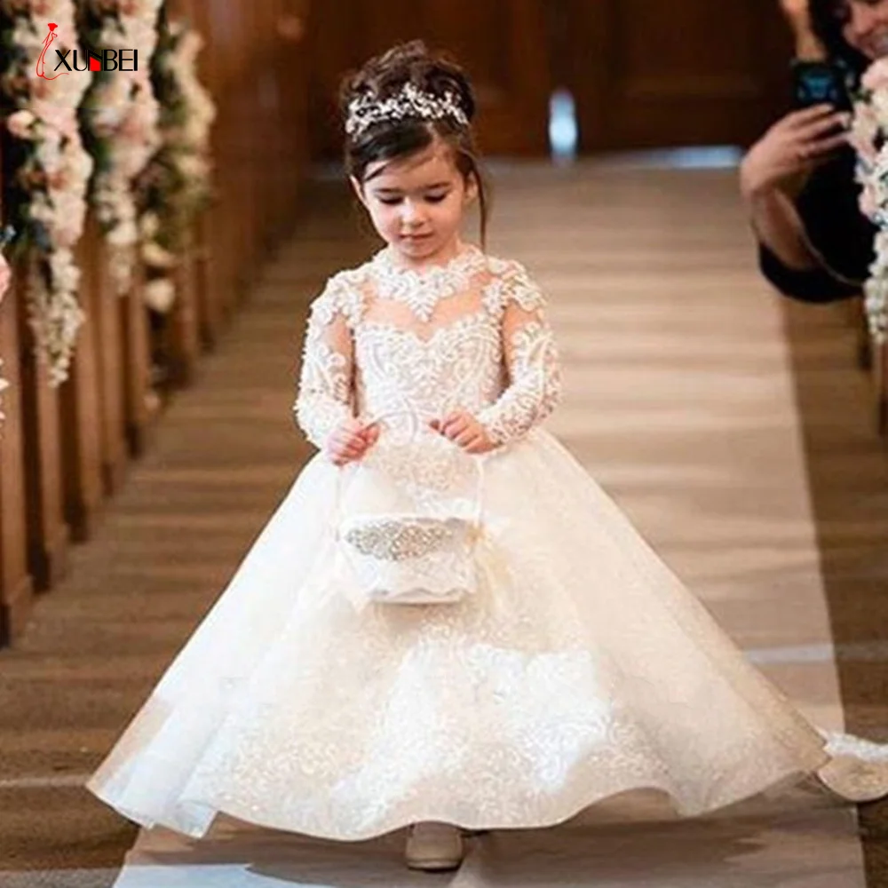 In Stock Long Sleeve Ball Gown Lace Flower Girl Dresses 2022 Bow Tie