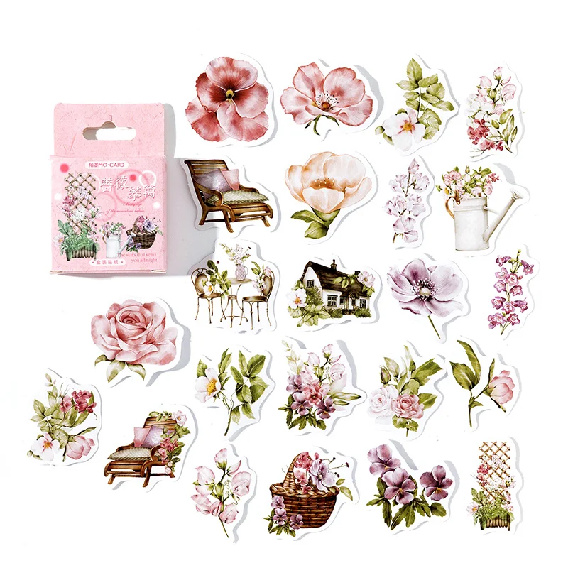 

46Pcs Per Box Mini Boxed sticker Rose retro literary floral handbook diary material sealing stickers Scrapbooking