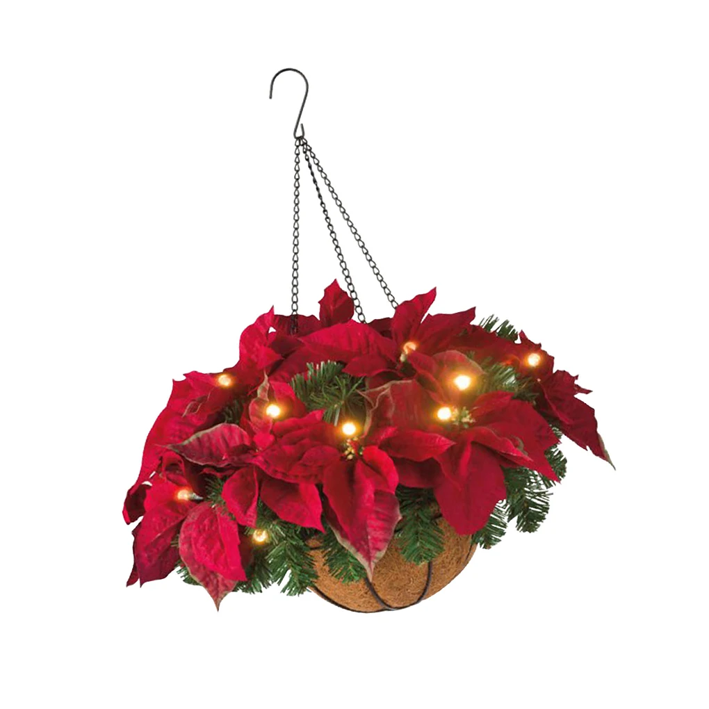 

Pre-lit Christmas Hanging Basket Lightweight Flocked Flower Baskets Lifelike Frosted Berry Pine Cones Garland Decor