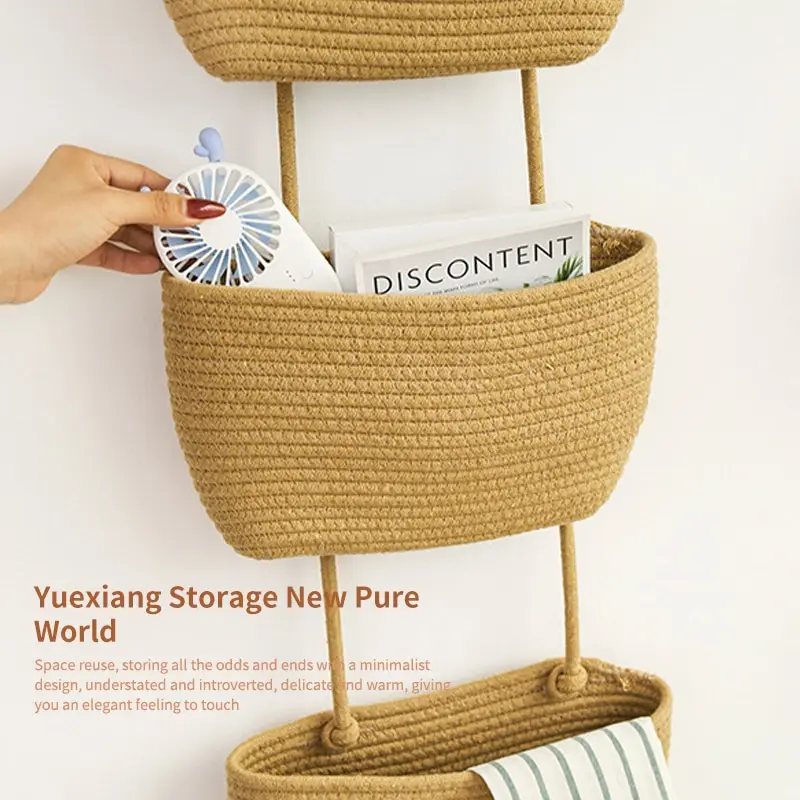 Woven Hanging Baskets 3 Tier Wall Mounted Storage Basket For Living Room