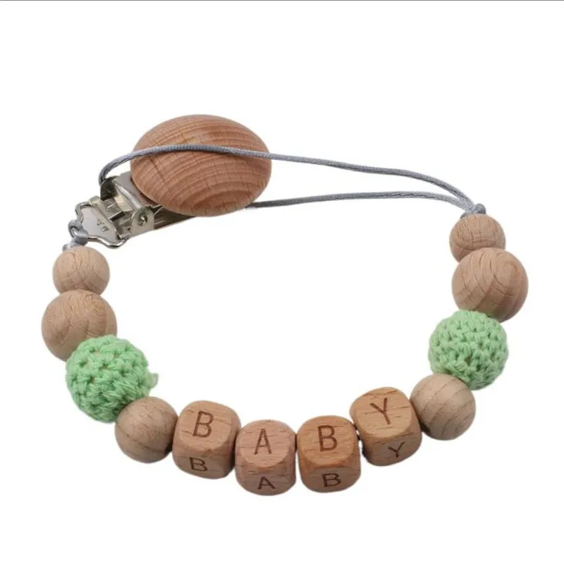 Handmade Personalized Name Wood Baby Pacifier Clip Crochet Beads Chain Holder