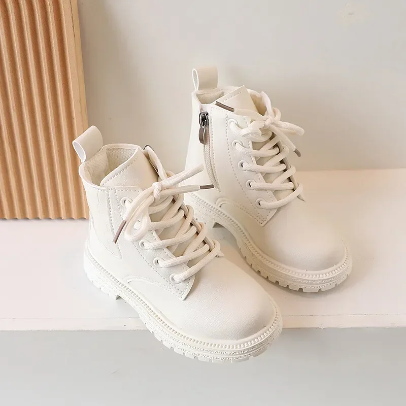 

2023 Beige Girls Boots Side Zipper Simple Non-slip Casual Kids Shoes Versatile Soft Boys Britain Style Children Short Boots PU