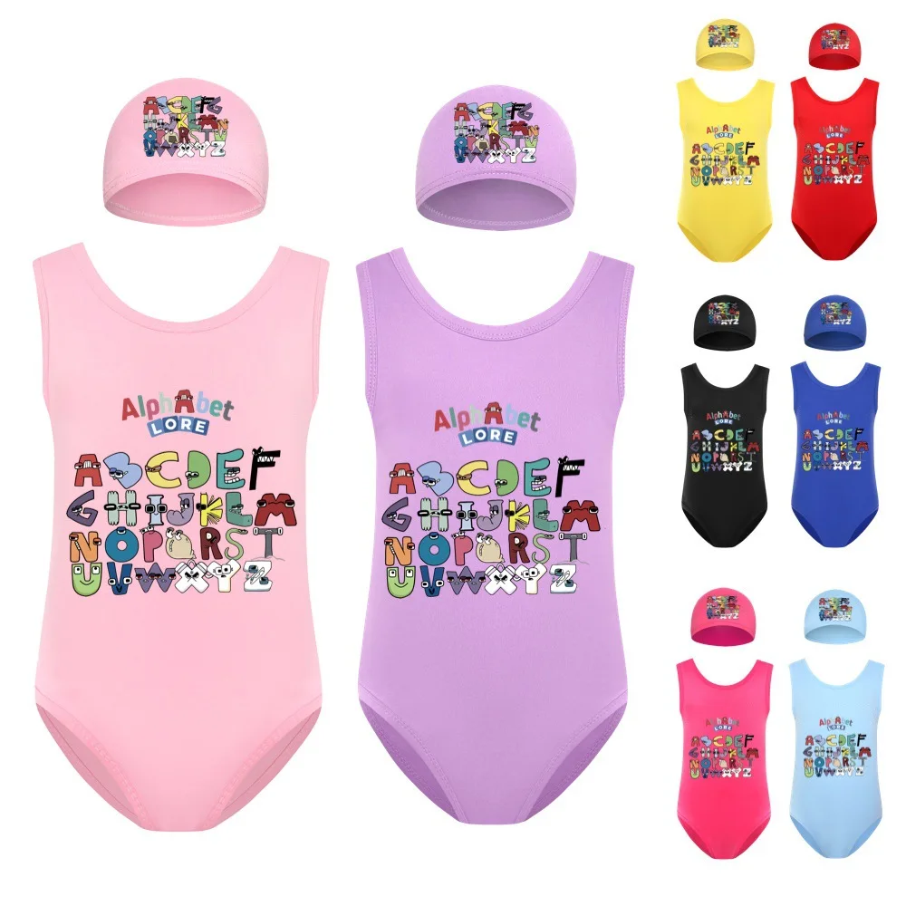 

Alphabet Lore Summer Cartoon Printing Imitation Cotton Milk Silk Girls Swimwear Bikini One Piece Beachwear