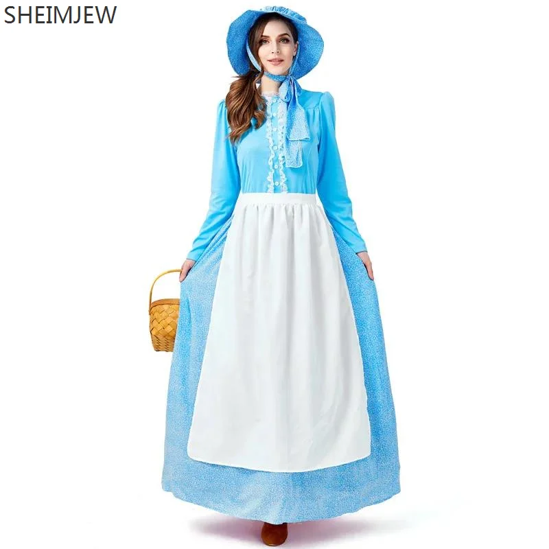 

New France Rural Blue Farm Maid Cosplay Costume Women's Civil War Prairie Colonial Dress Halloween Carnival Party Stage Costumes