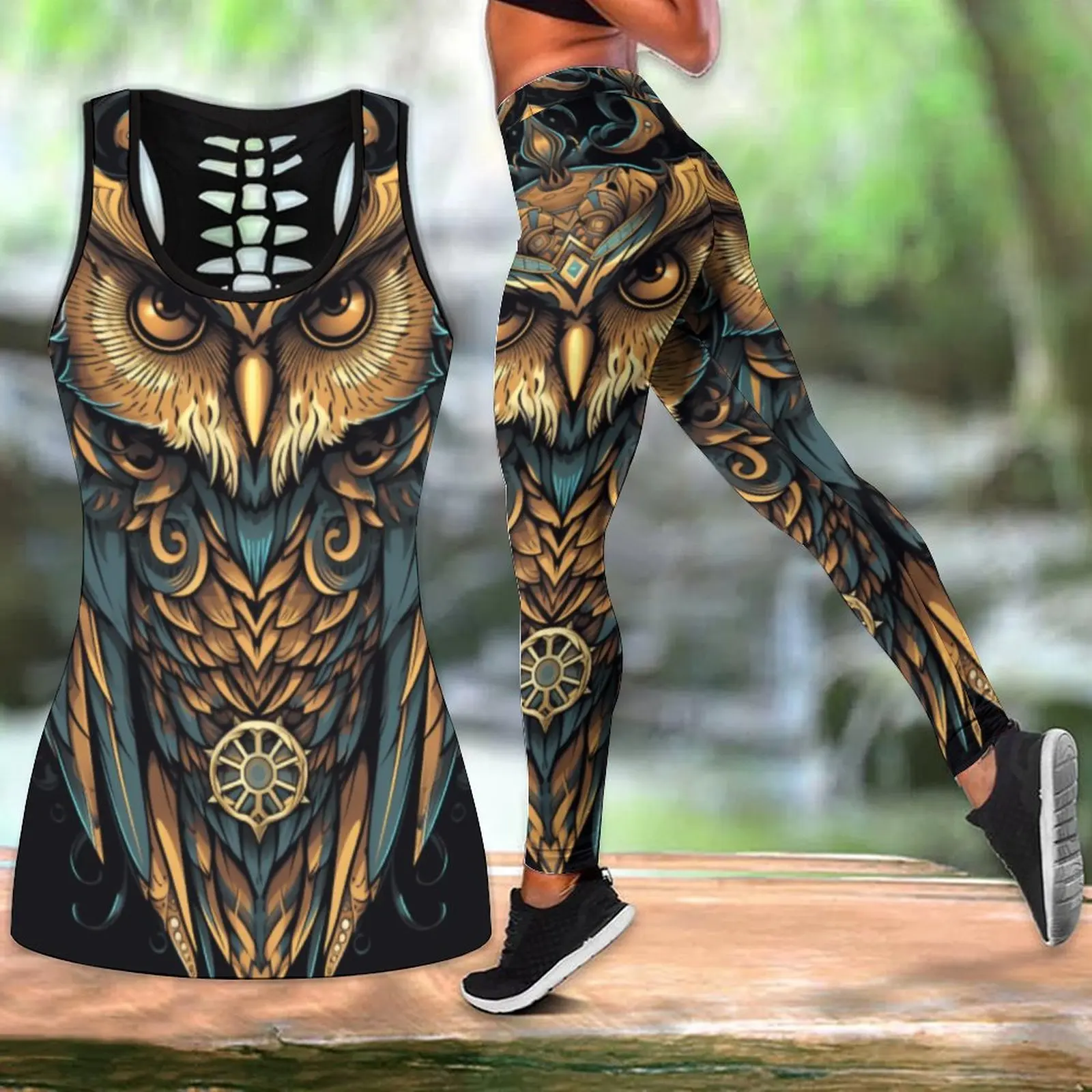 

Women's Summer New Owl Flower Print Women Hollow Tank Top+Leggings Yoga Suit