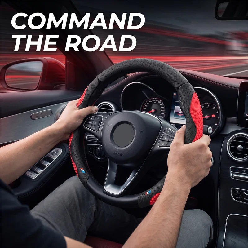 Tri-Color Comfort Grip Car Steering Wheel Cover with Red Massage Accents