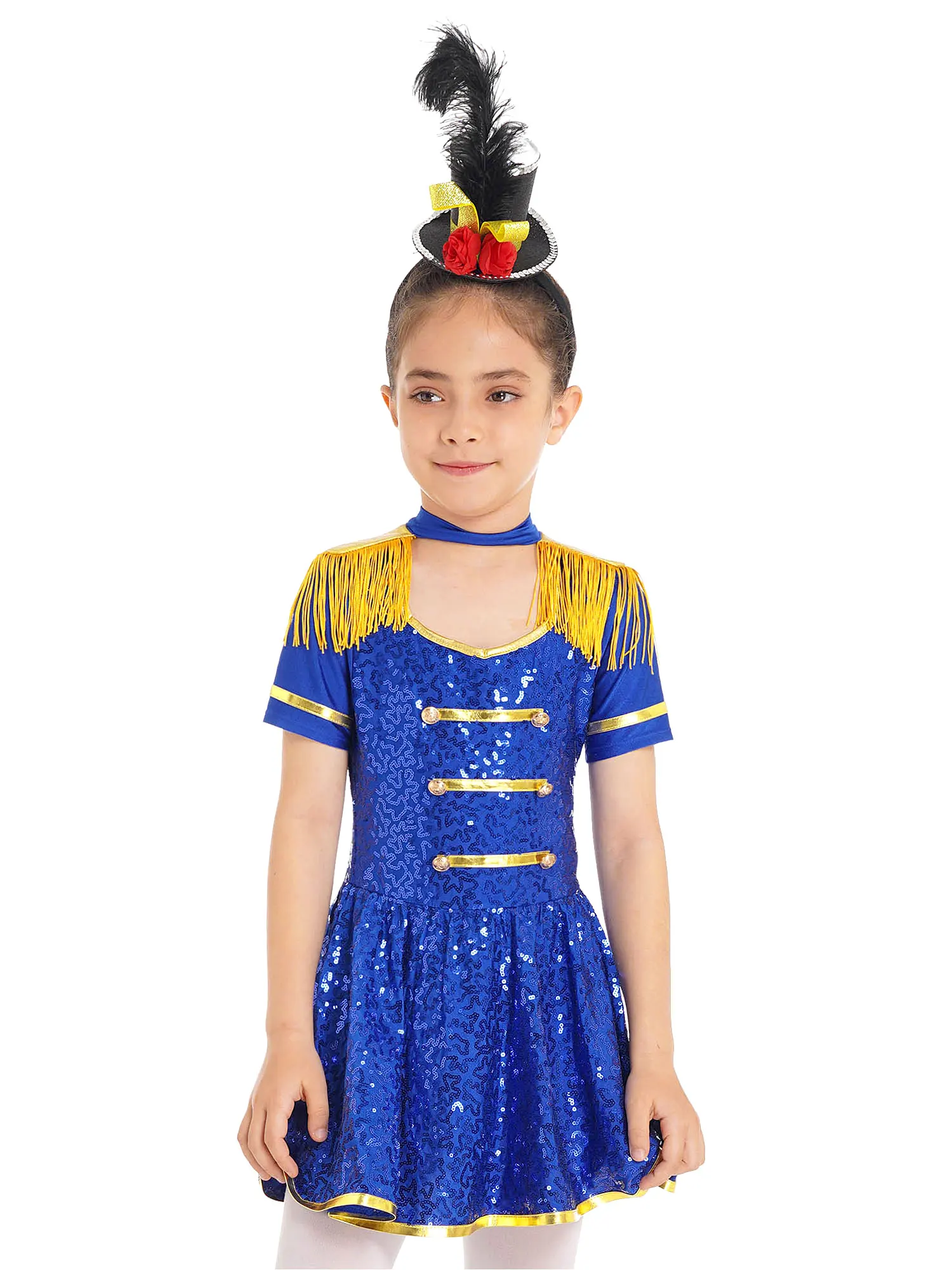 

Kids Girls Honor Guard Circus Ringmaster Costume Halloween Carnival Party Cosplay Sequins Drum Majorette Marching Band Dress Up