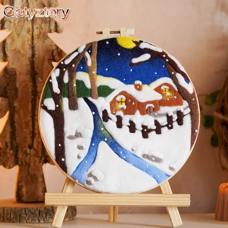 

GATYZTORY DIY Wool Felt Painting With Embroidery Creative Kit Craft Felting Snow House Home Wall Decor For Friend Kids Gift