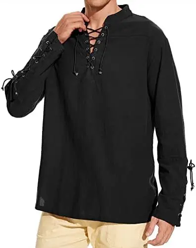 2023 Summer New Men's Long Sleeves T-shirt Cotton Linen Clothes V Neck Lace-up Loose Tops Shirt Beach Casual Pullover Men Shirt