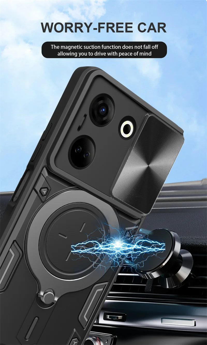 Magnetic Car Holder Ring Armor Phone Case with Slide Lens Protection