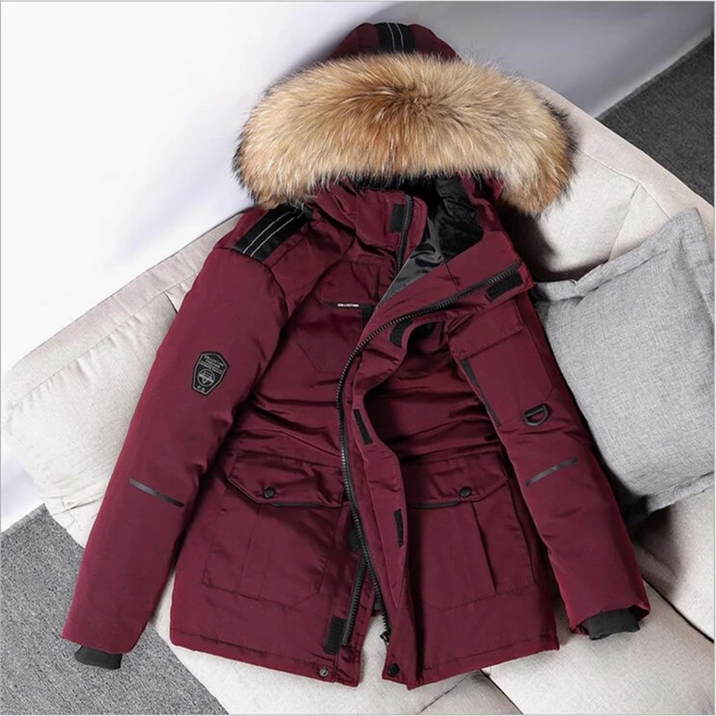 

-30 Degree Winter Warm Down Jacket Fashion Men's White Duck Down Parkas Coats Women's Big Fur Collar Thick Outwear Snow Overcoat