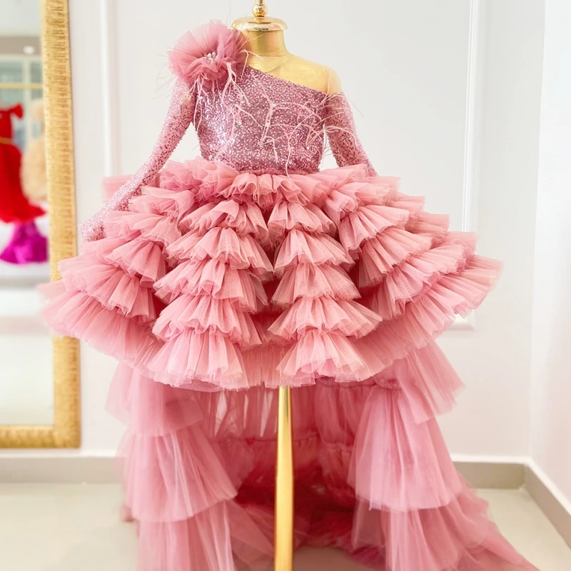 

Pink Flower Girl Dresses For Wedding Party Princess Lace Beads 3D Floral Appliqued Little Girls Pageant Gowns