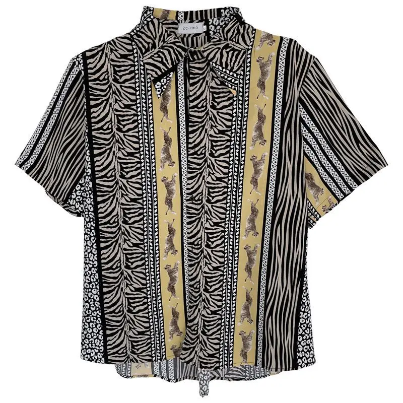 Elegant Fashion Harajuku Slim Fit Male Clothes Loose Casual Sport All Match Tops Pointed Collar Patchwork Printed Button Blusa