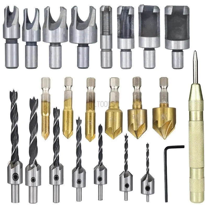 

23pcs Drilling Bits Woodworking Chamfer Drilling Tool Countersink Drill Bit Set Wood Plug Cutter and Automatic Center Pin Punch