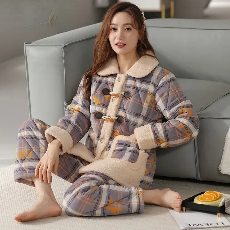 

2024 New Pajama Women's Winter Three-layer Thickened Coral Fleece Loungewear Sandwich Cotton Autumn Warm Doll Collar Homewear