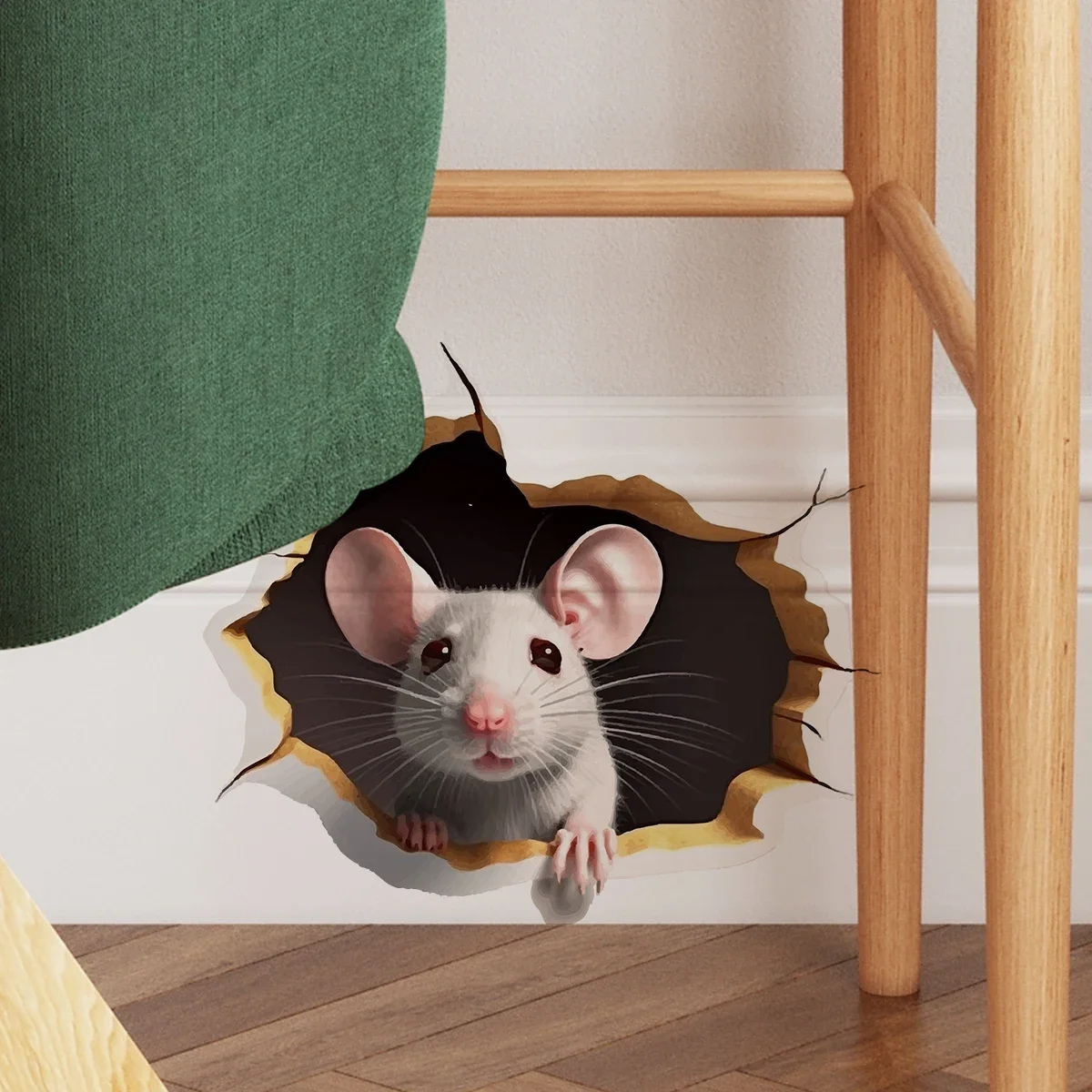 Description Picture 4 of item1PC 3D Effect Personalized Mouse Hole Sticker Reading White Mouse Flower Branch Mouse Cute Animal Random Sticker Home Decoration