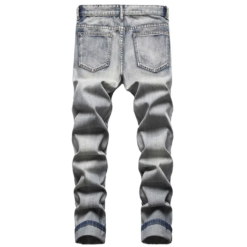 Men's Jeans Nostalgic Ripped Embroidered Straight-leg Slim Fit Casual Colorblock Denim Trousers