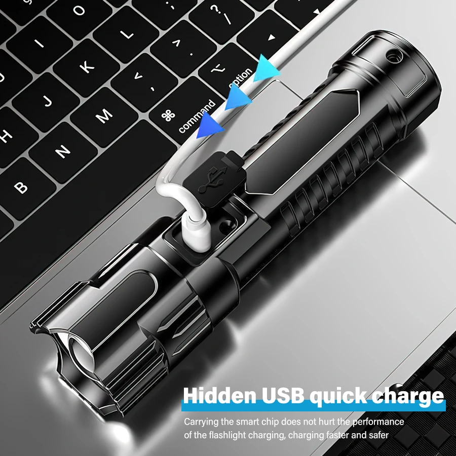 휴대용 미니 LED 손전등 내장 배터리, USB 충전식 LED 토치 램프, 조정 가능한 줌 가능 손전등, 하이킹 캠핑용