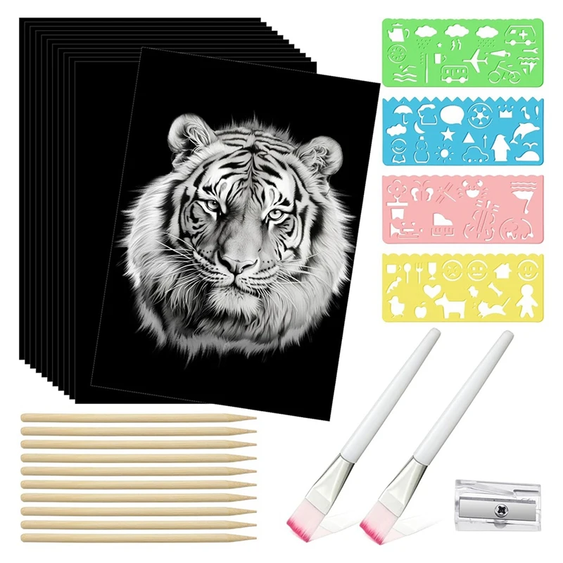 

127 Pcs Scratch Paper Art Set Wooden Styluses And Stencils For DIY Birthday Party Gift Supplies (8.5 X 11 Inch)