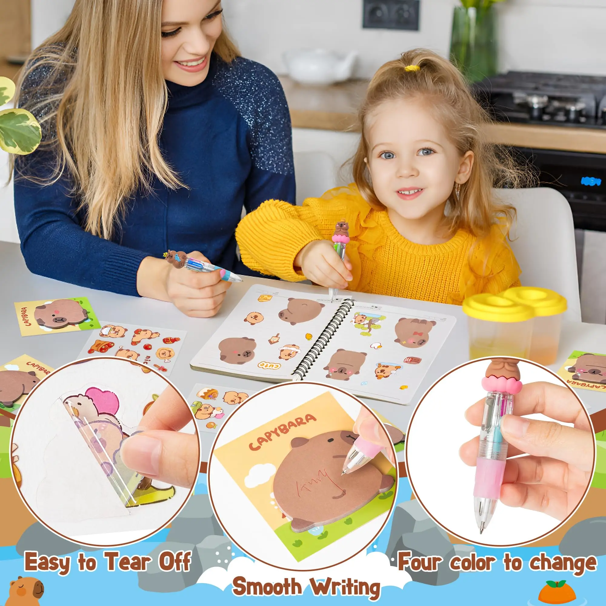 12-48Set Capybara Stationery Party Gift Fun Animal Prizes Set Include 4-in-1 Ballpoint Pens Sticky Note Sticker and Organza Bir