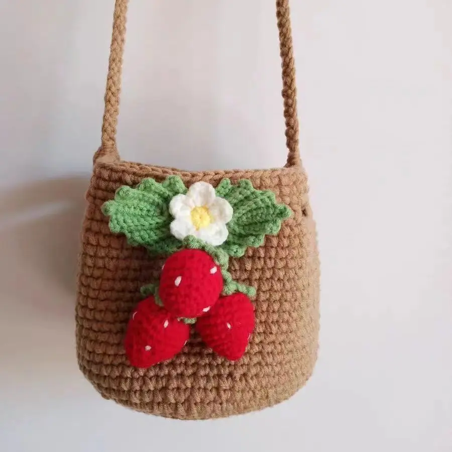 Hand-Knitted Strawberry Crossbody Bag - Cute Kawaii Wool Crochet Purse For Women (Pink) - View #2