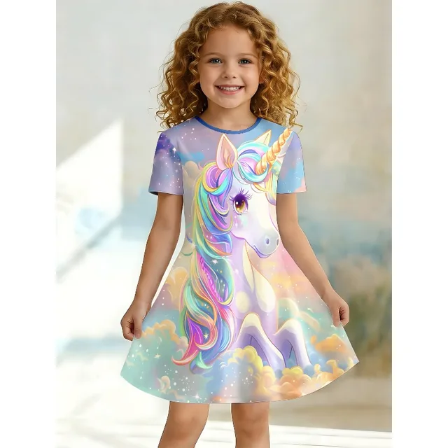 Robe T-shirt imprimée licorne arc-en-ciel pour fille, robe décontractée douce motif nuage bleu ciel pour fête d'enfants, idéale pour les cadeaux d'anniversaire 1