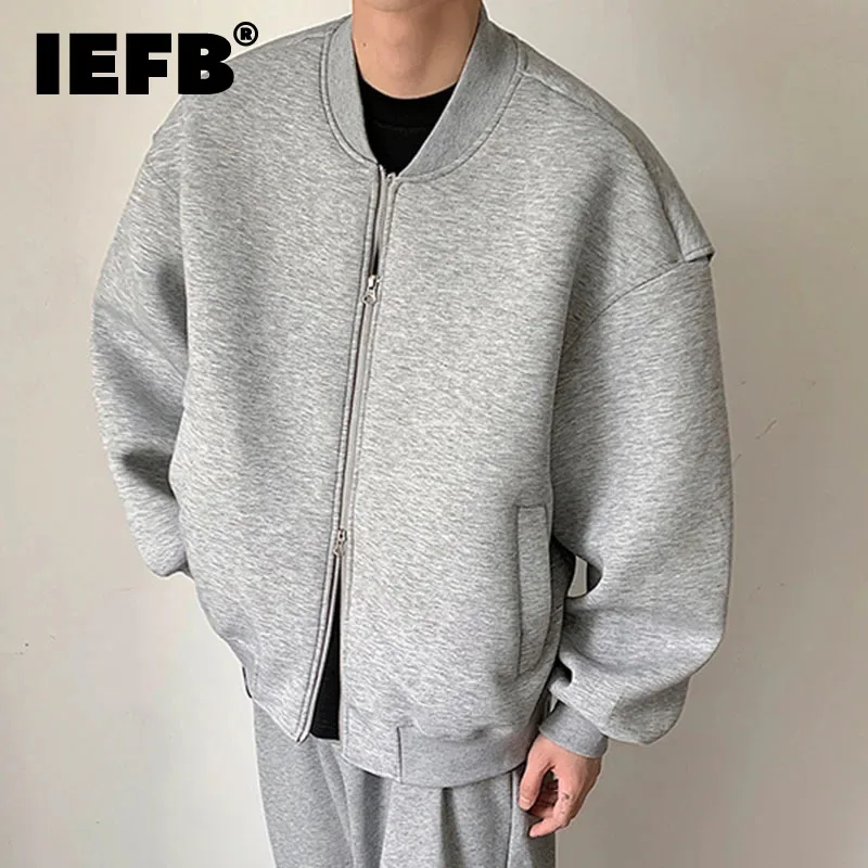 

Свитшот IEFB мужской, повседневная однотонная мешковатая куртка на двойной молнии, утепленные короткие куртки, на весну, новый стильный 9C4863