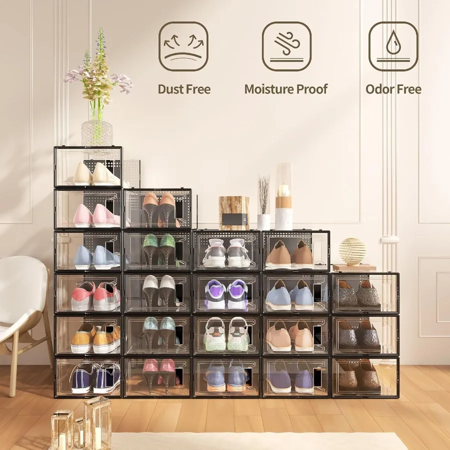12 Pack X Large Shoe Storage Organizer for Closet Modular Space Saving Shoe Boxes Clear Plastic Stackable Containers Display Ca