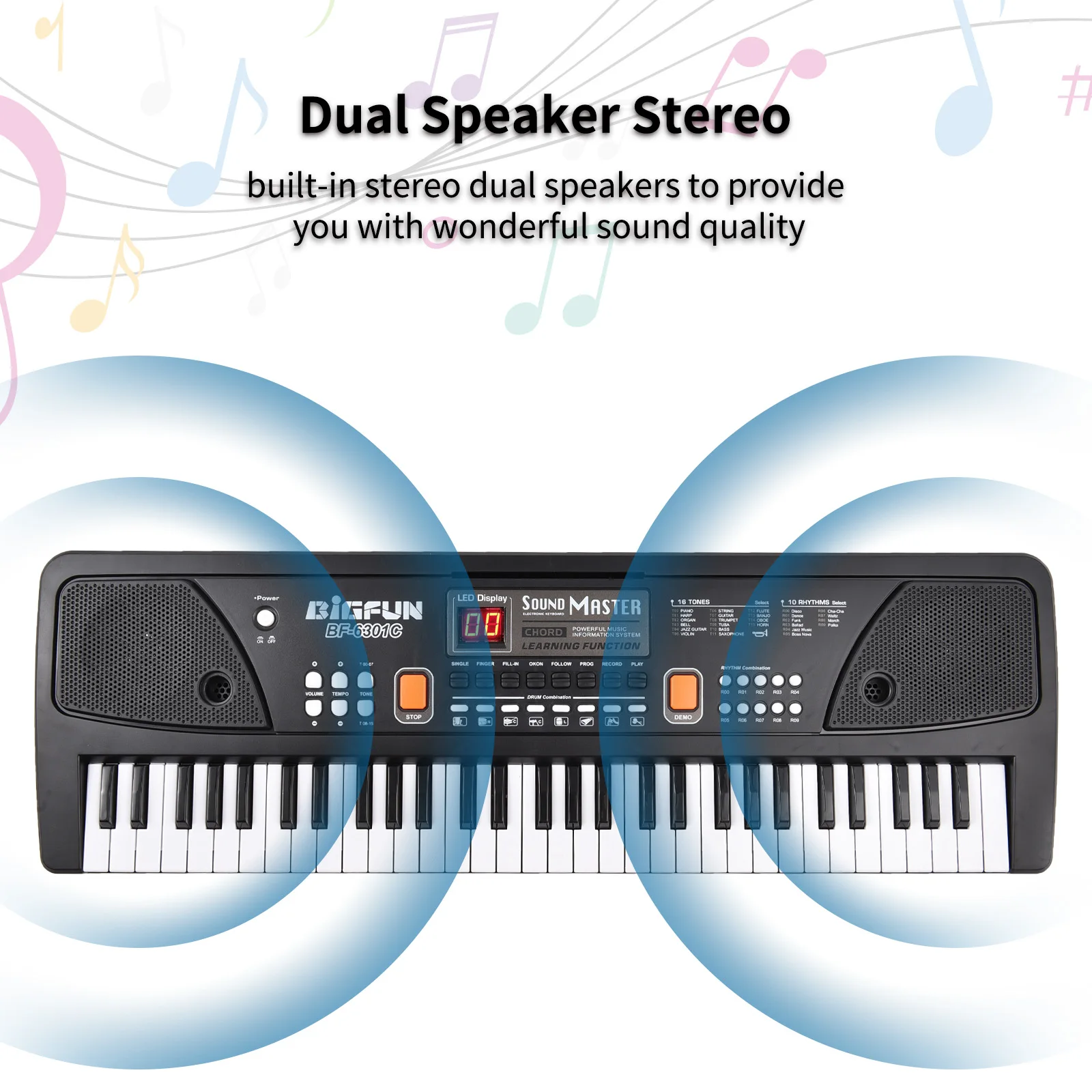BIGFUN 61 Keys Rechargeable Electronic Organ Kids Electric Piano with Microphone Black Digital Music Electronic Keyboard LED