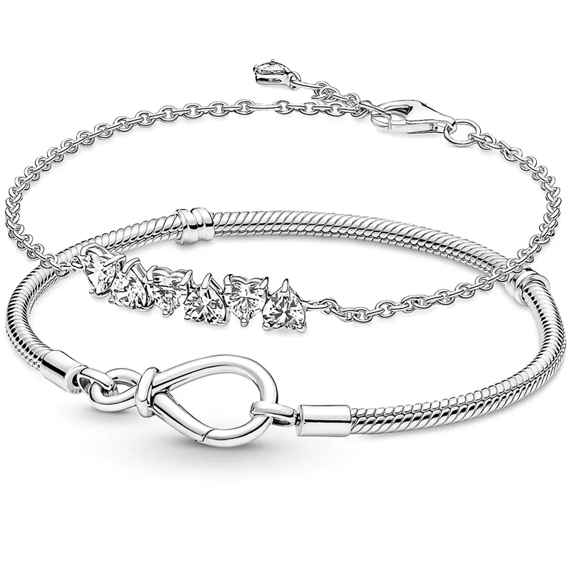 

Sparkling Endless Hearts Infinity Knot Snake Chain Bracelet 925 Sterling Silver Bangle Fit Original Fashion Bead Charm Jewelry