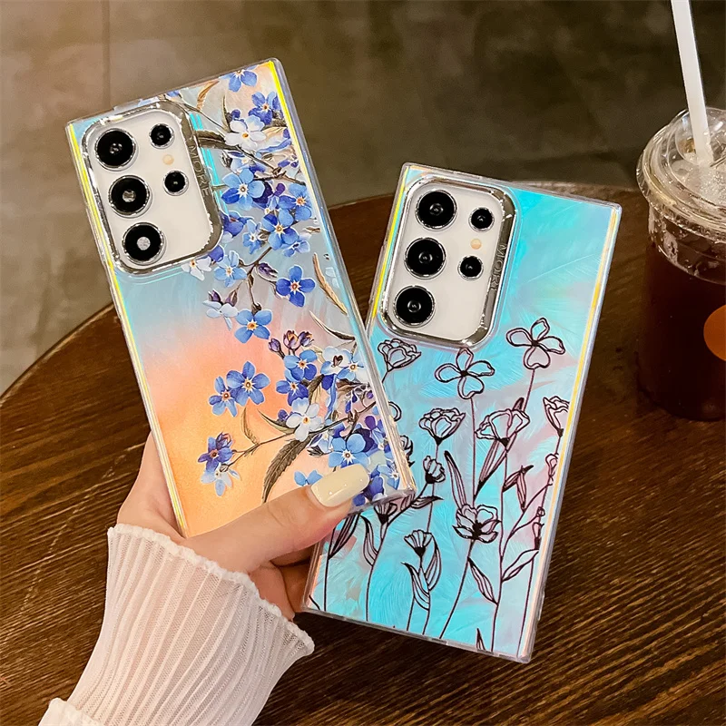 Laser Flower Phone Case For Samsung Galaxy S25 S23 FE S24 Plus S22 Ultra A14 A15 A55 A54 A25 A35 A34 Hard PC Matte Back Cover_voghion.com