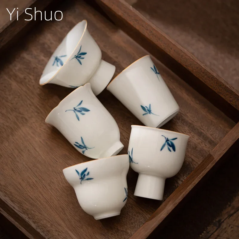 Hand Painted Phalaenopsis Tea Cup Single Cup Household Tea Savoring Porcelain Kung Fu Set White Fragrance-Smelling