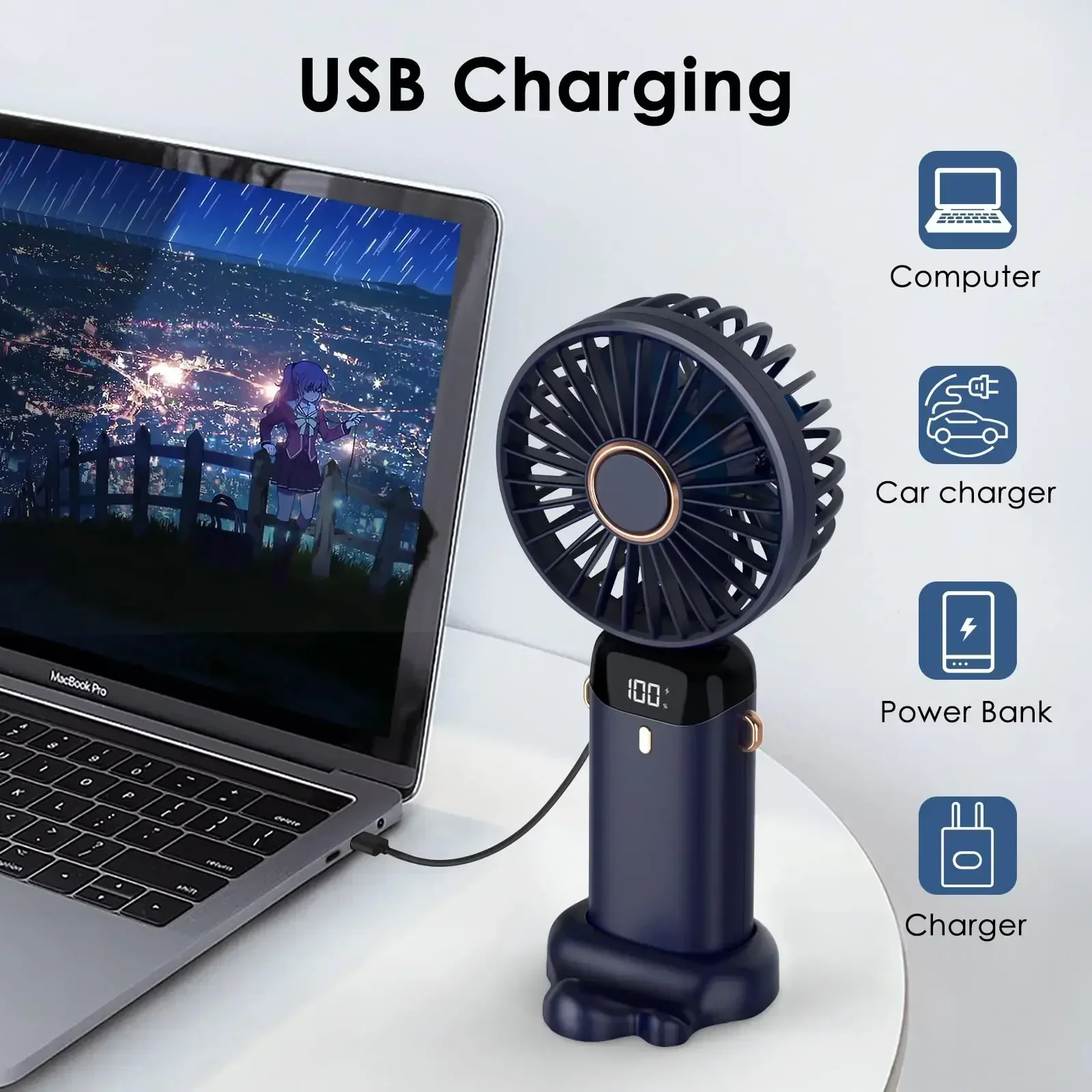 Hand Fan Portable Fan Cell Phone Fan 5000mAh Handheld Mini Fan Wireless USB Rechargeable Portable Digital Display Phone Holder Fan 5 Speed Foldable Neck Hanging Fans