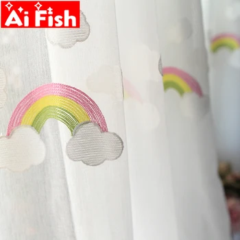 Coreano ricamato nuvola bianca e arcobaleno tende trasparenti per finestre camera da letto pannelli in cotone e lino tulle voile per soggiorno # 5 1